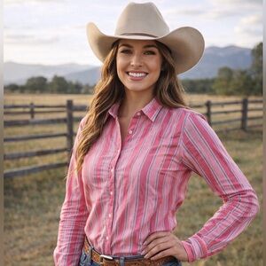 Ralph Lauren Polo Jeans Co Womens Large Long Sleeve Button Up Pink Striped Shirt